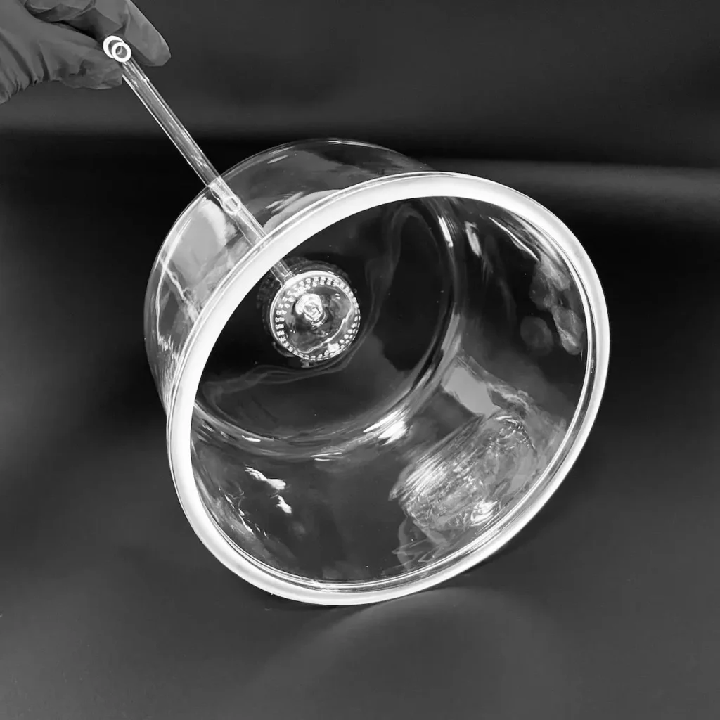 Custom fused silica quartz bell jar with integrated gas inlet arm for CVD reactor.