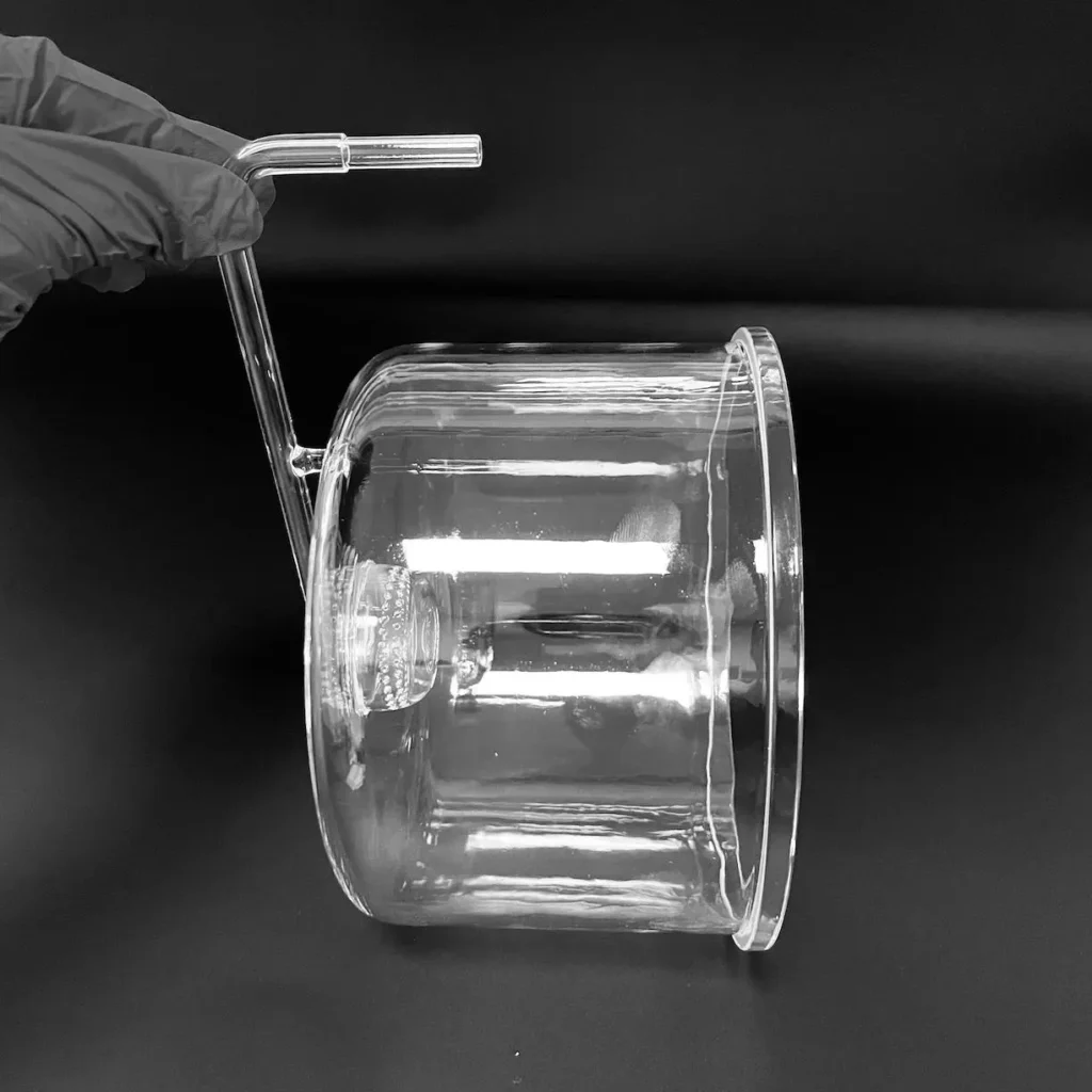 Custom fused silica quartz bell jar with integrated gas inlet arm for CVD reactor.